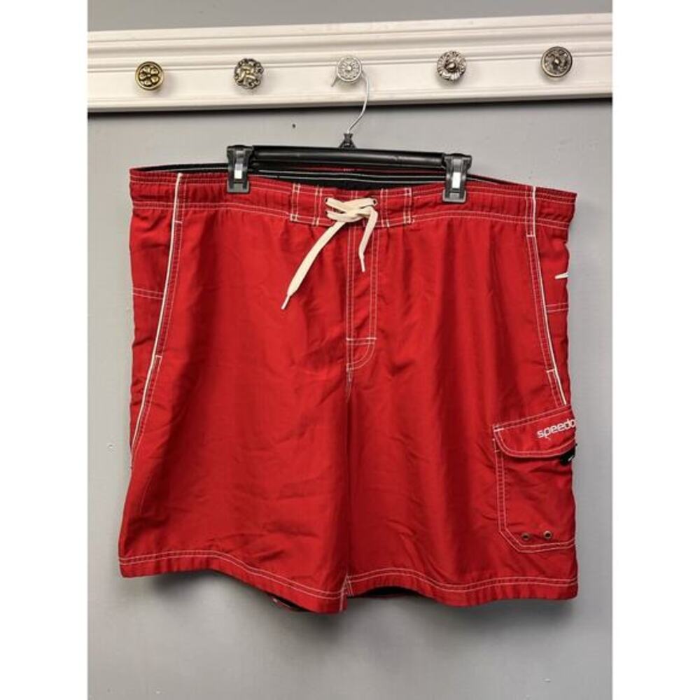Speedo Swim‎ Trunks Mens Size Large Red Side Pockets Drawstring Classic